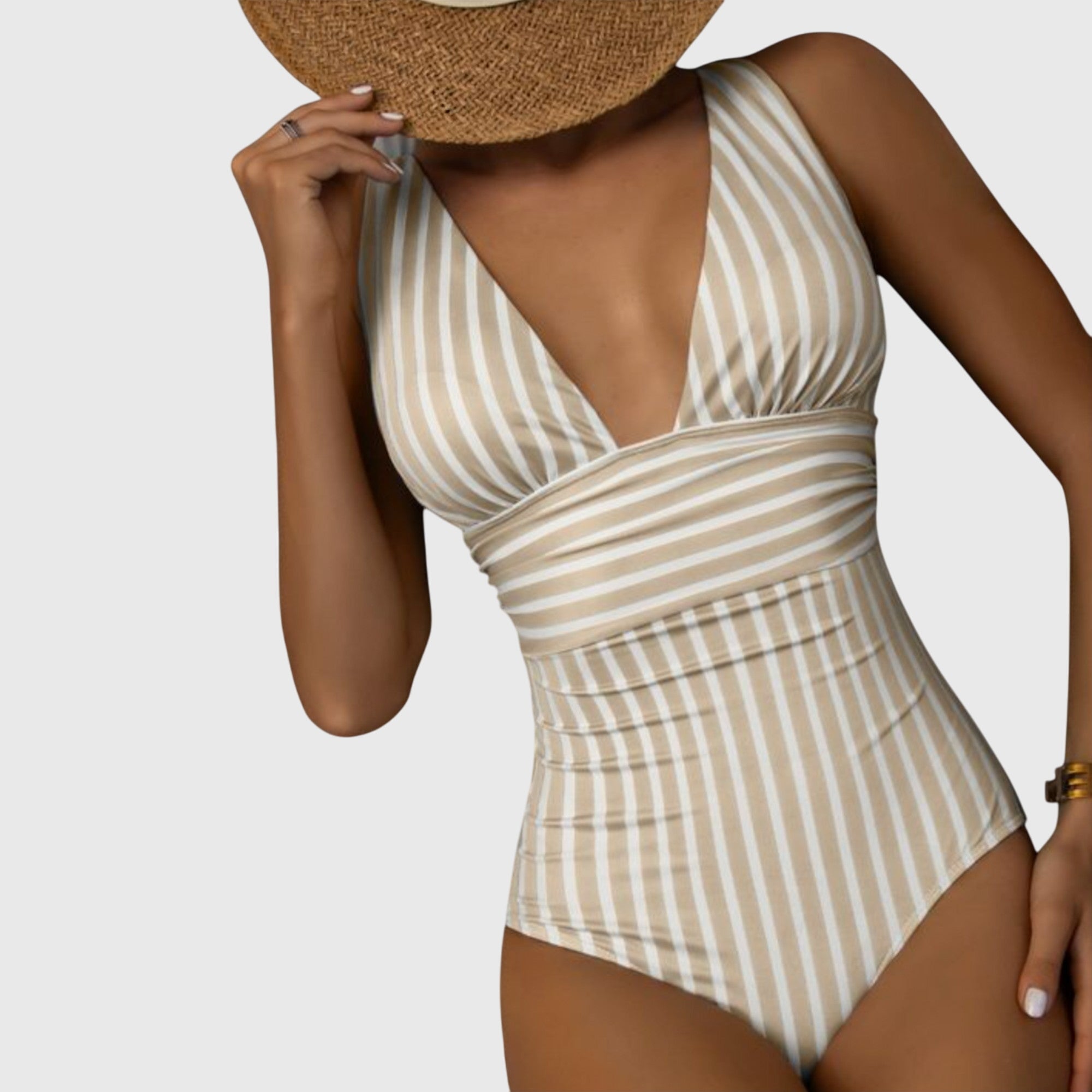 Striped V-Neck One-Piece Swimsuit for Women | High-Quality Swim Fabric