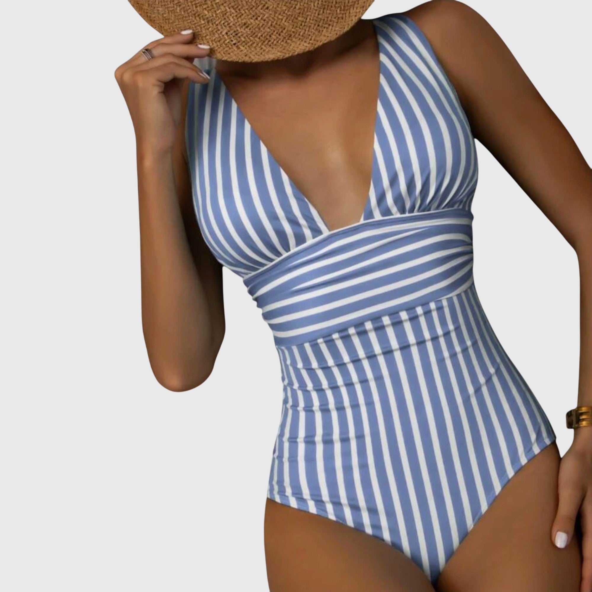 Striped V-Neck One-Piece Swimsuit for Women | High-Quality Swim Fabric