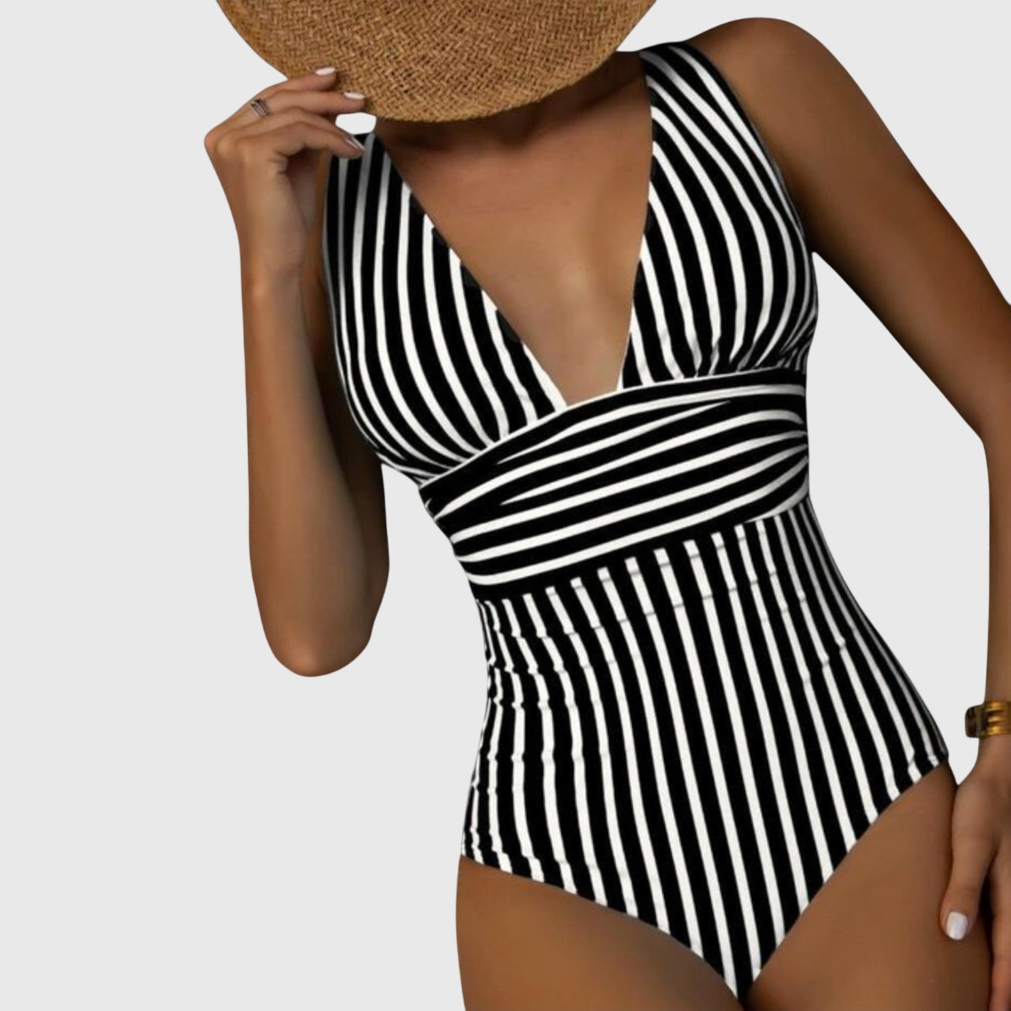 Striped V-Neck One-Piece Swimsuit for Women | High-Quality Swim Fabric