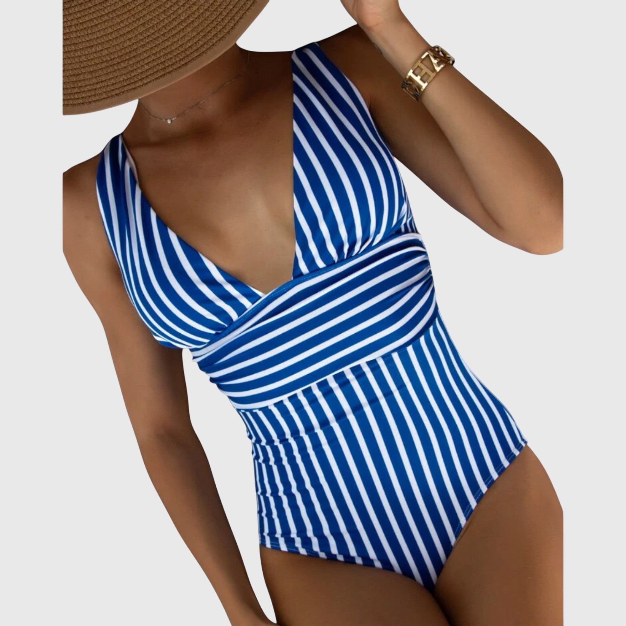 Striped V-Neck One-Piece Swimsuit for Women | High-Quality Swim Fabric
