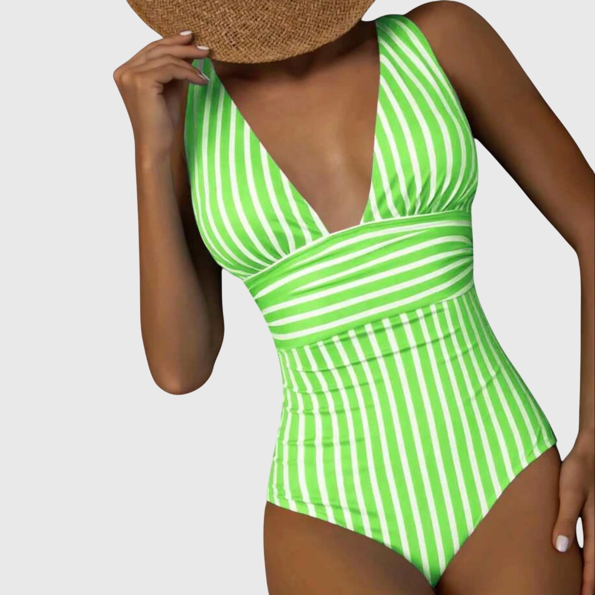Striped V-Neck One-Piece Swimsuit for Women | High-Quality Swim Fabric