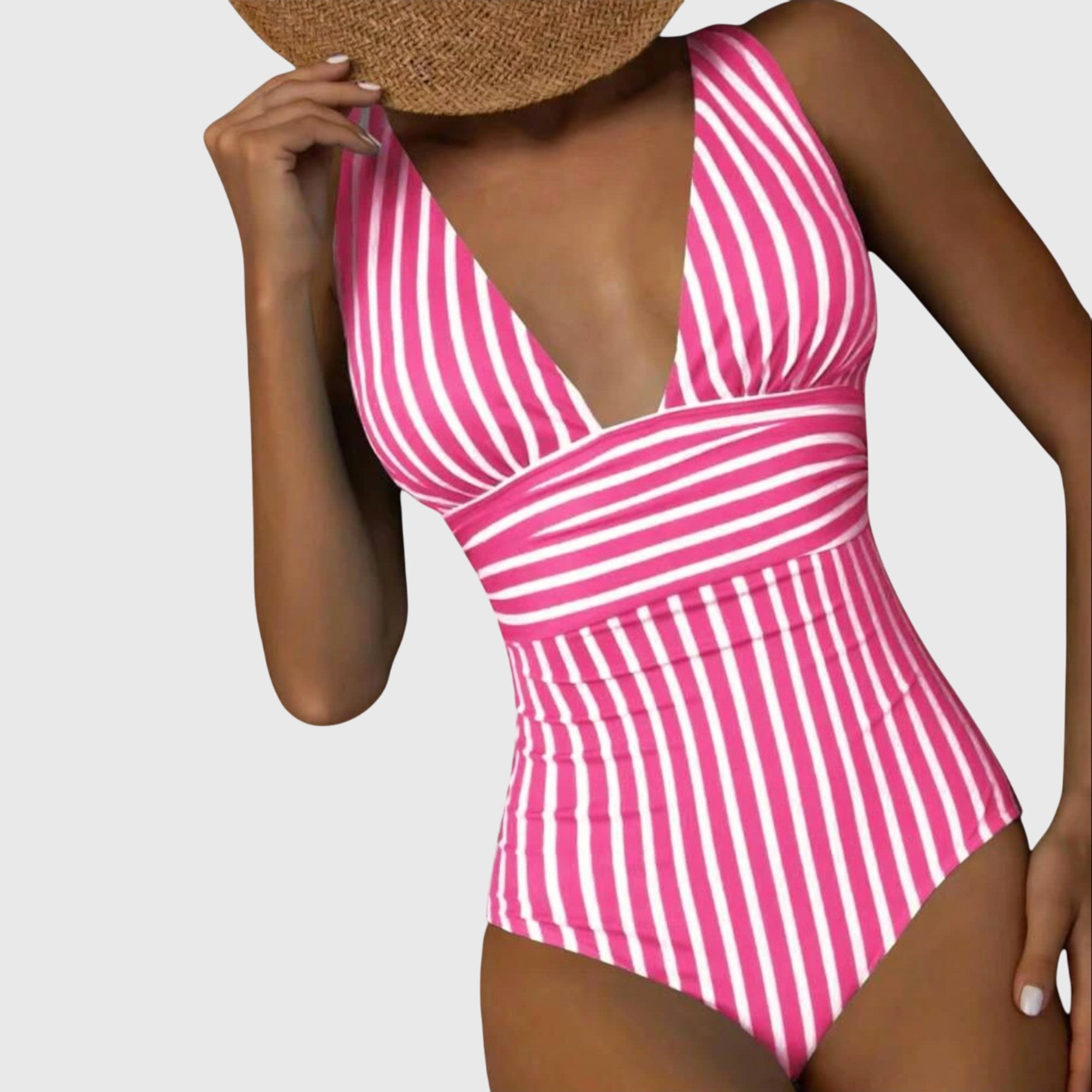 Striped V-Neck One-Piece Swimsuit for Women | High-Quality Swim Fabric