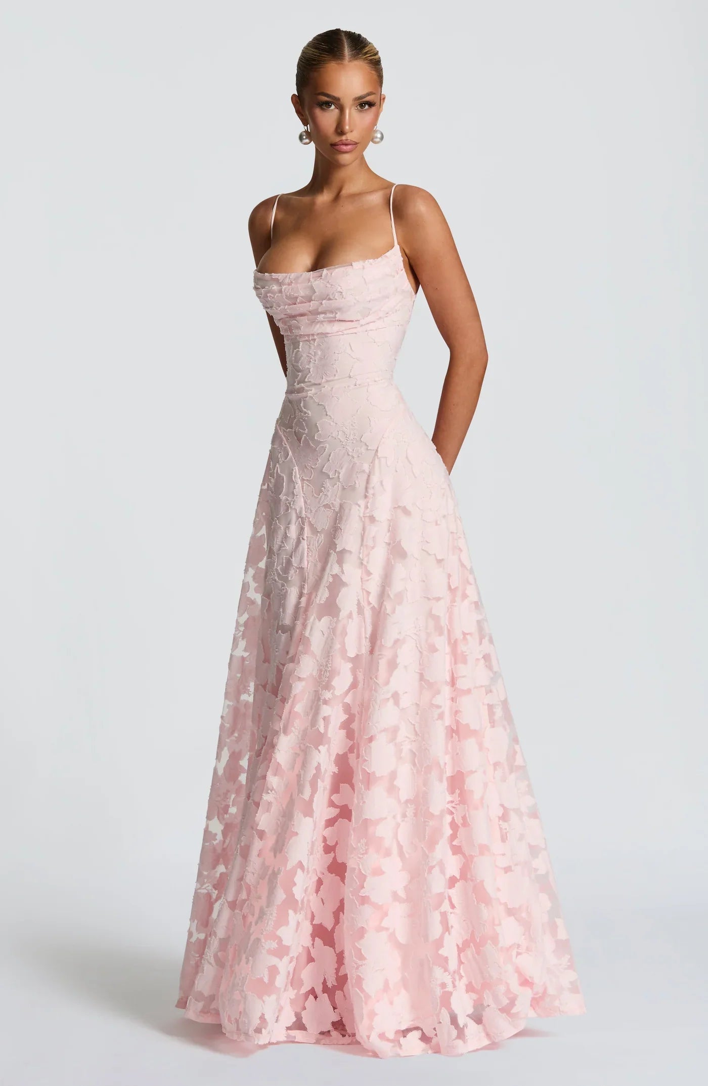 Burgundy Jacquard Evening Dress with Flowing Skirt
