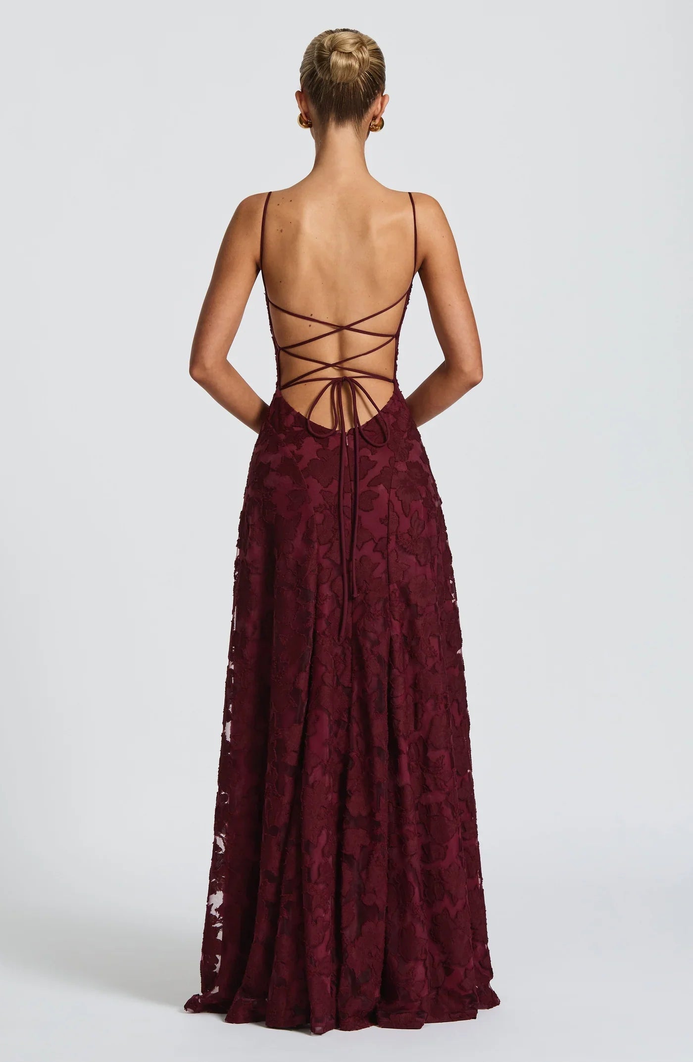 Burgundy Jacquard Evening Dress with Flowing Skirt