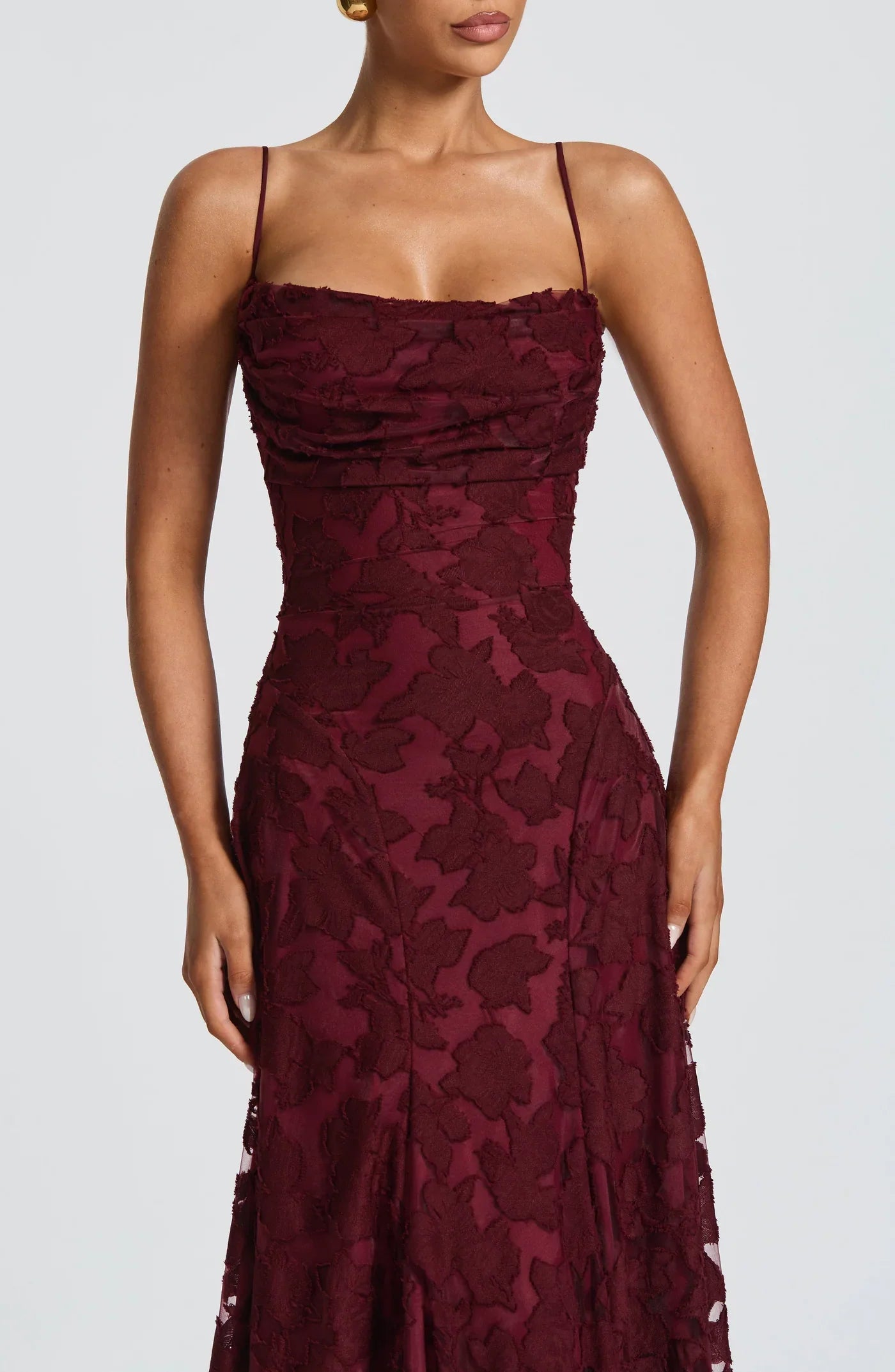 Burgundy Jacquard Evening Dress with Flowing Skirt