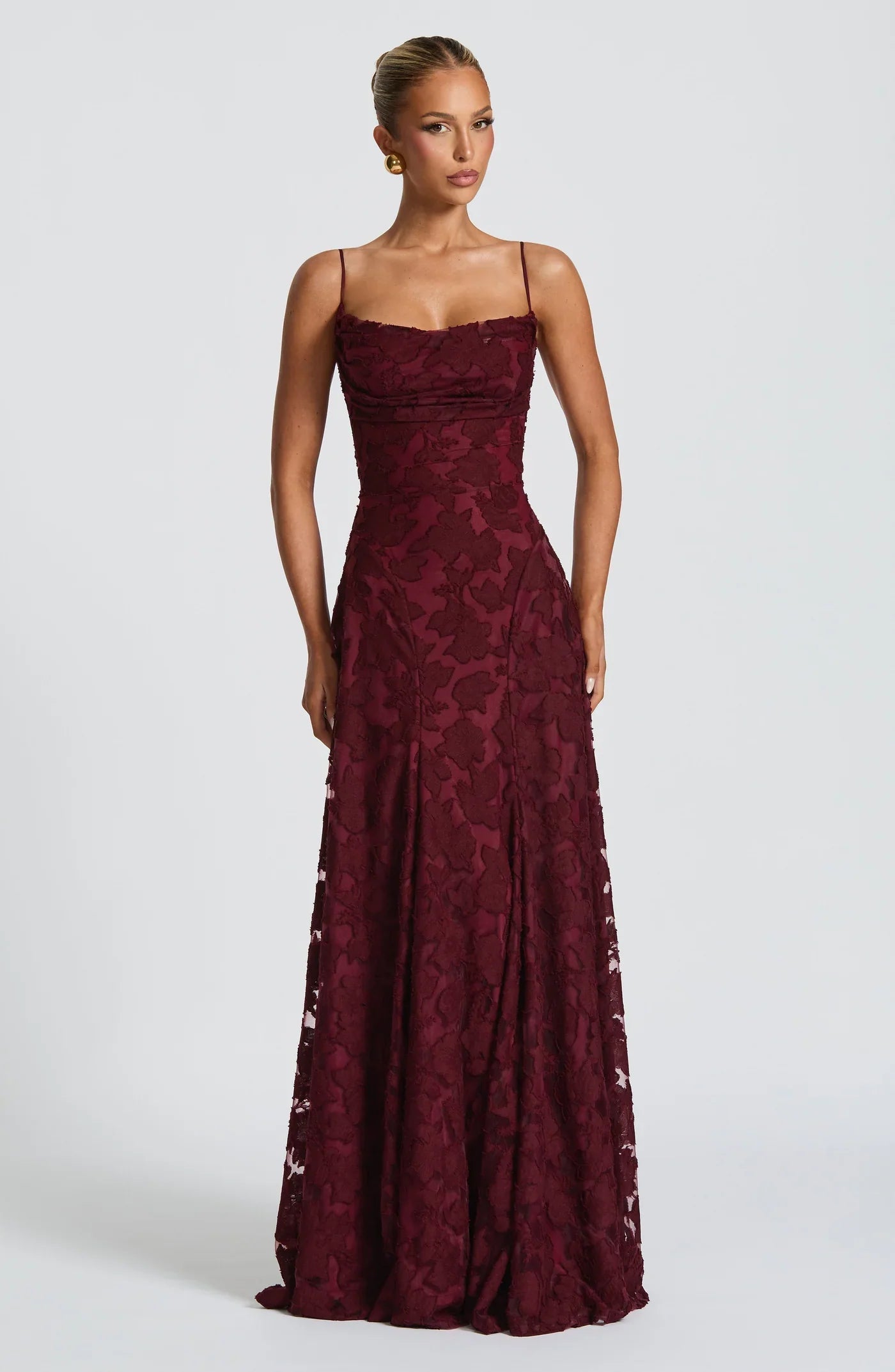 Burgundy Jacquard Evening Dress with Flowing Skirt