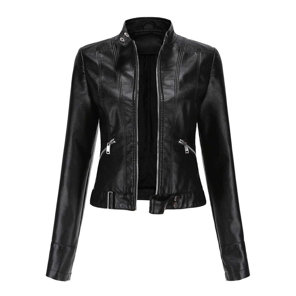Women's PU Leather Biker Jacket with High Collar & Belt