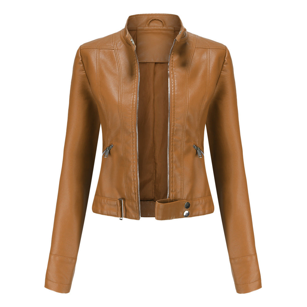 Women's PU Leather Biker Jacket with High Collar & Belt