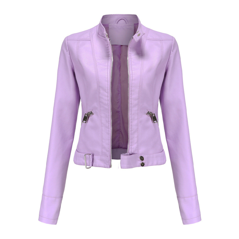 Women's PU Leather Biker Jacket with High Collar & Belt