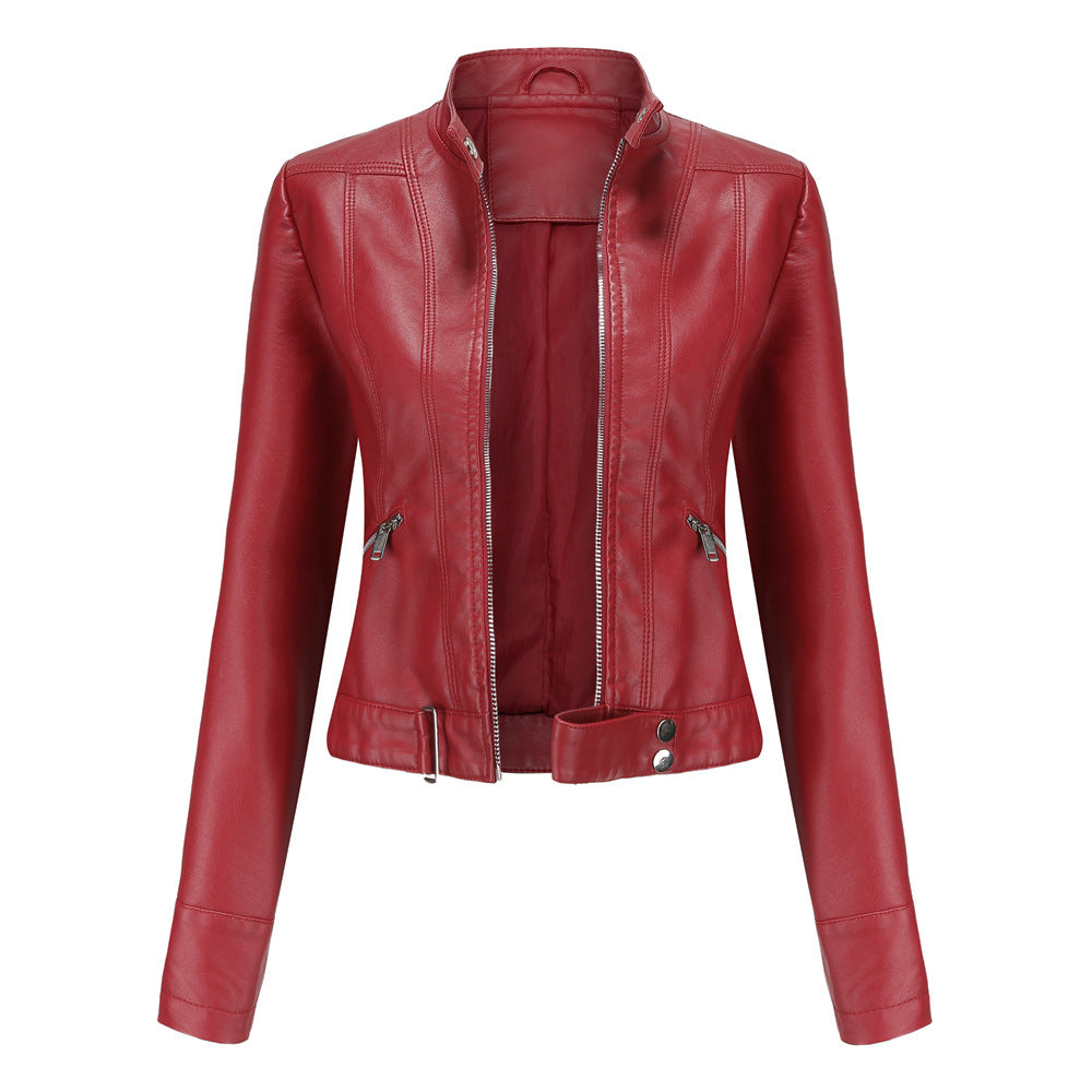 Women's PU Leather Biker Jacket with High Collar & Belt