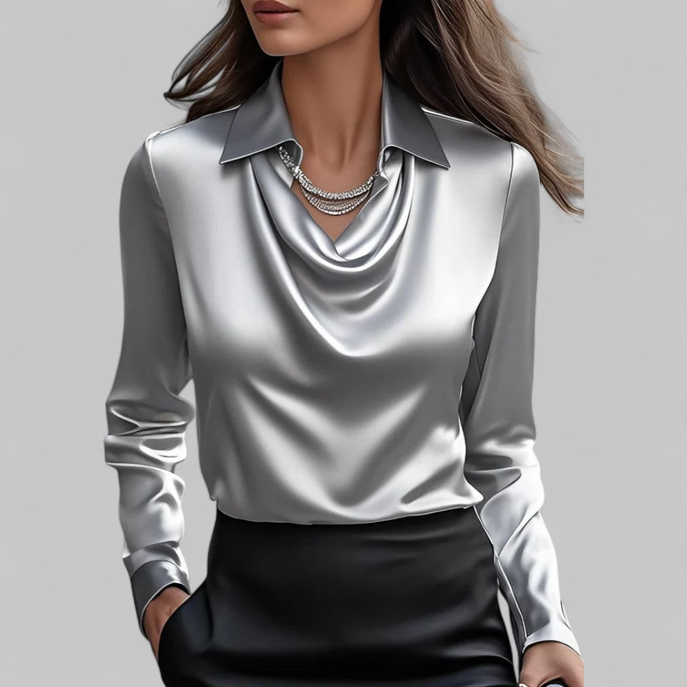 Satin Long Sleeve Blouse for Women – Draped Elegant Top