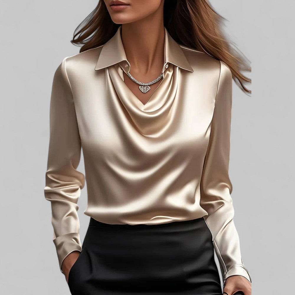 Satin Long Sleeve Blouse for Women – Draped Elegant Top
