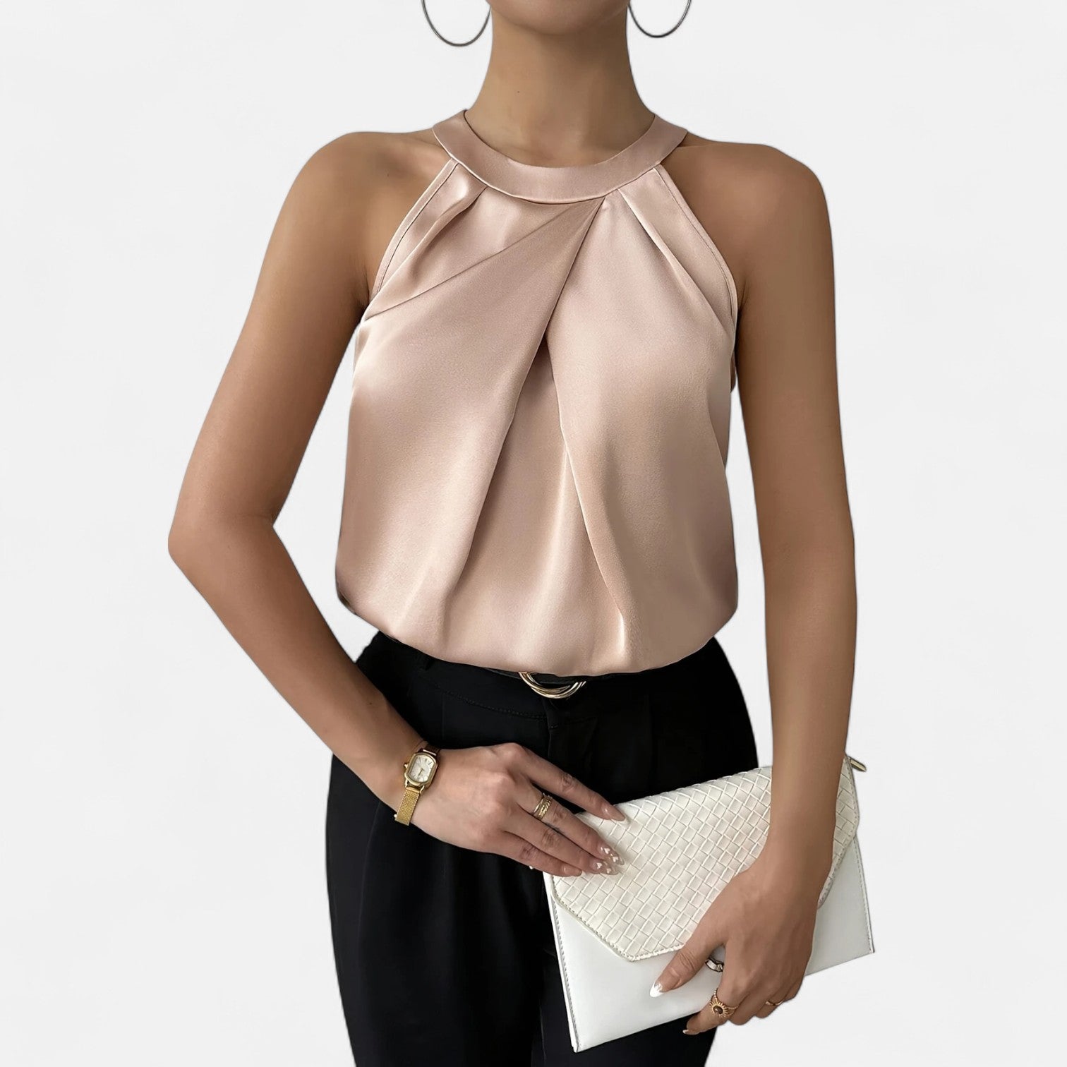 Satin Pleated Tank Top for Women | Elegant Draped Sleeveless Blouse