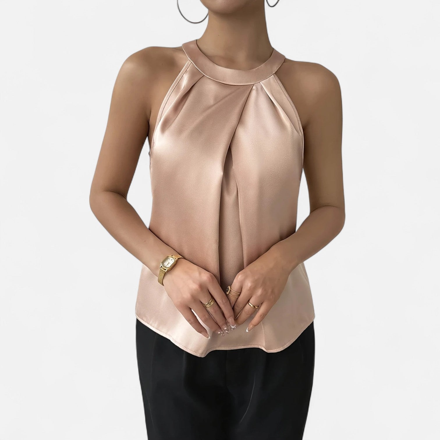 Satin Pleated Tank Top for Women | Elegant Draped Sleeveless Blouse