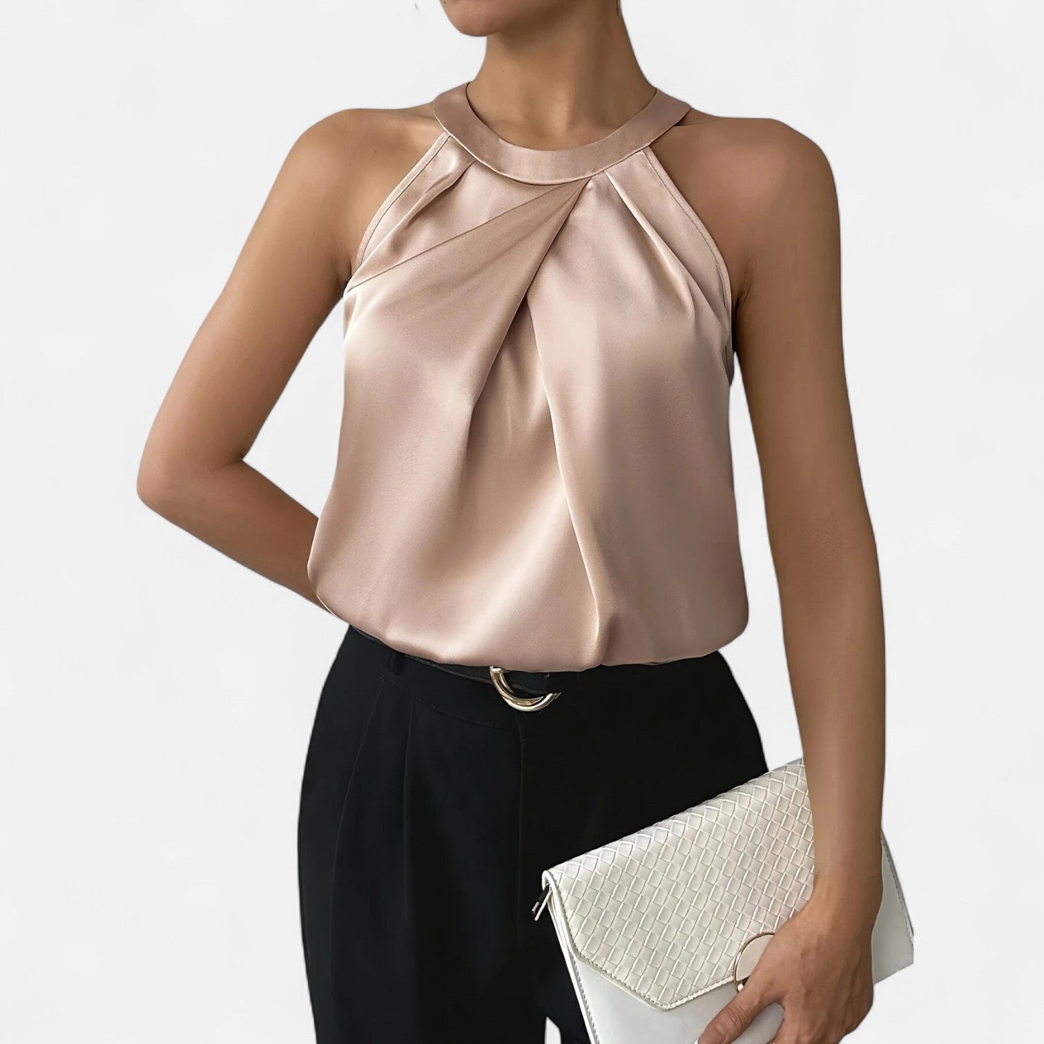 Satin Pleated Tank Top for Women | Elegant Draped Sleeveless Blouse