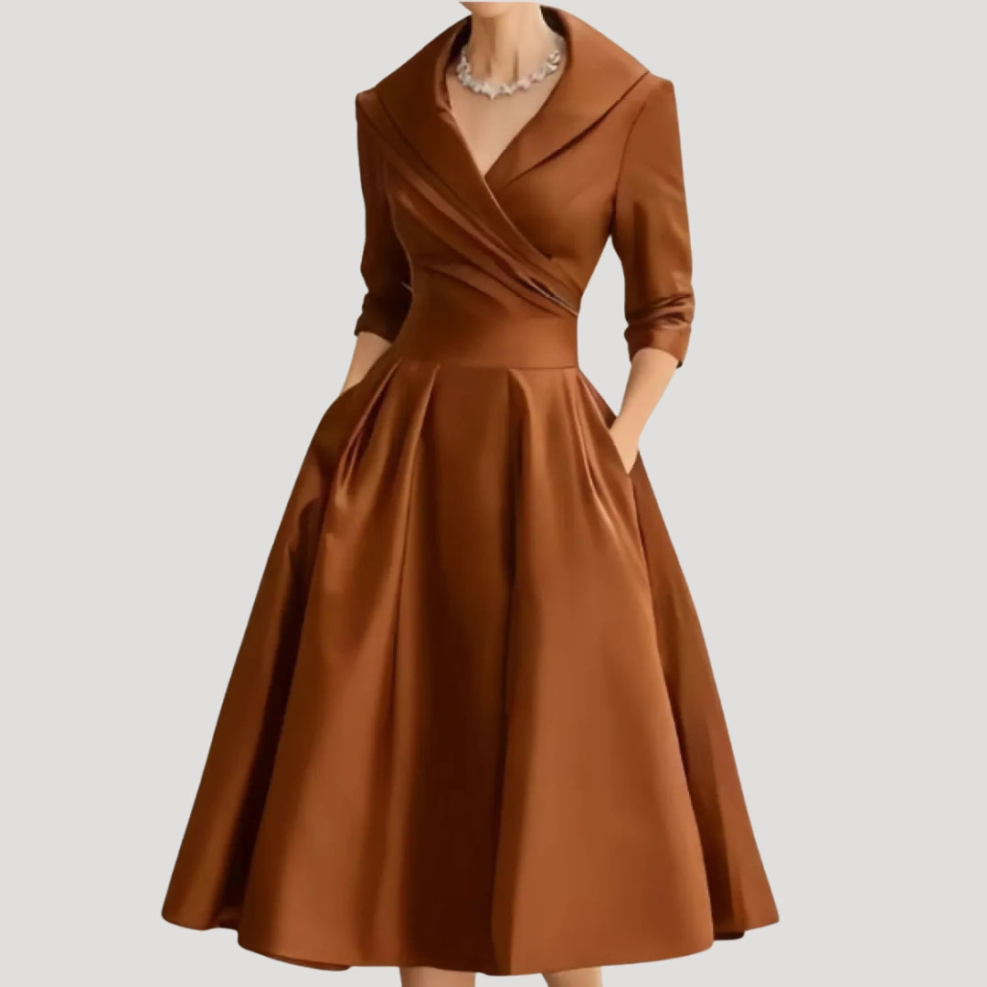 Women's Midi Dress with V Neck & Three-Quarter Sleeves – Elegant Formal Wear