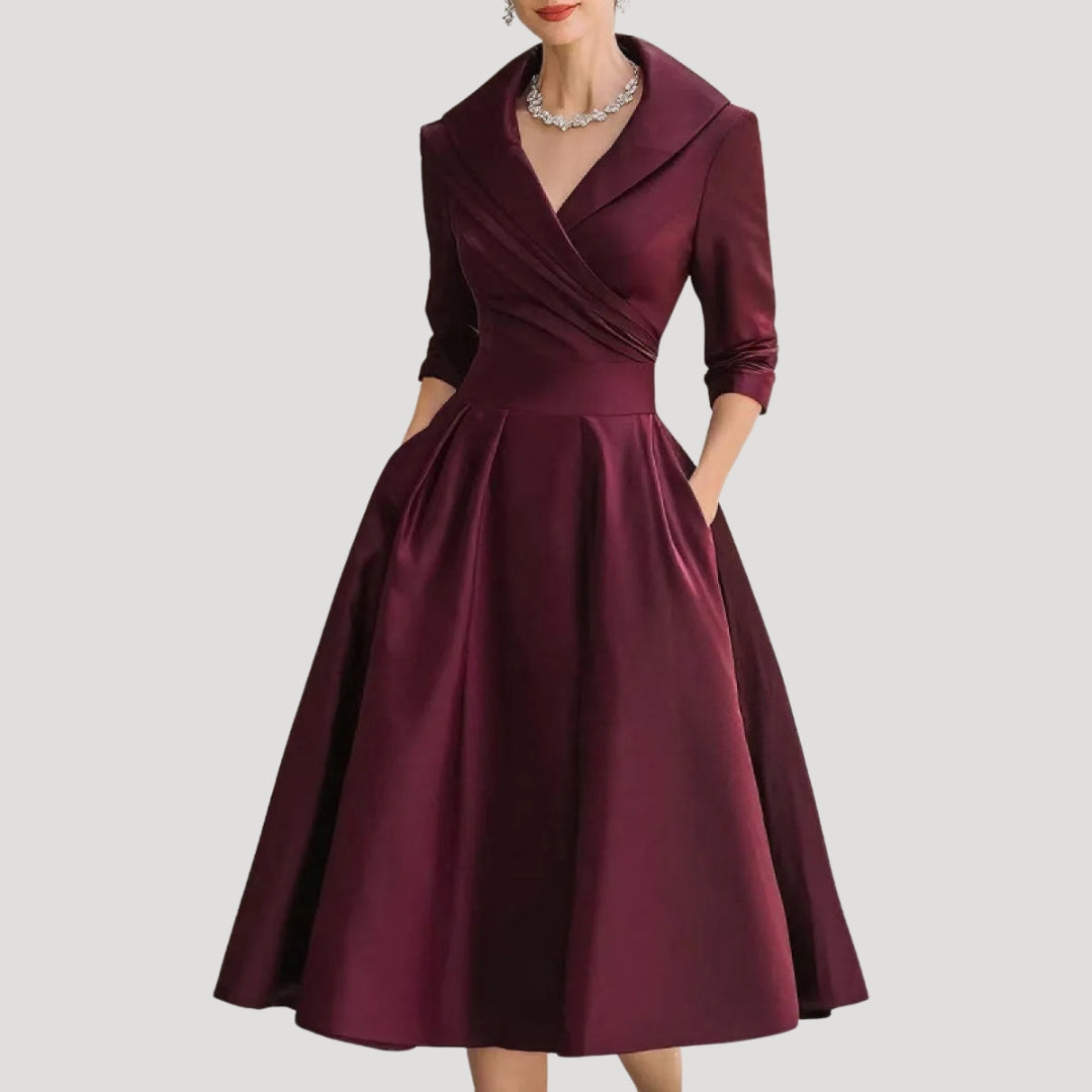 Women's Midi Dress with V Neck & Three-Quarter Sleeves – Elegant Formal Wear