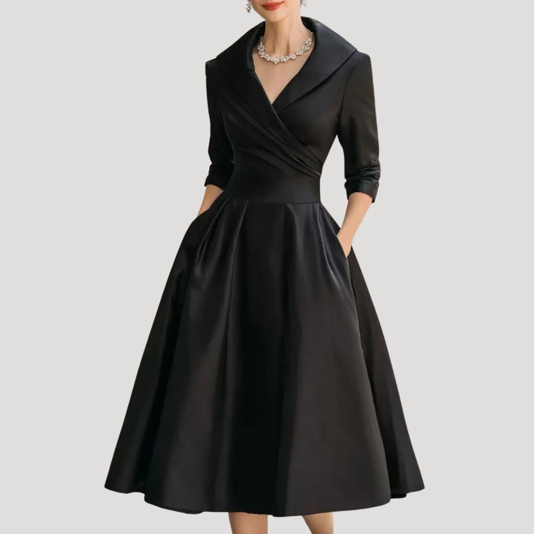 Women's Midi Dress with V Neck & Three-Quarter Sleeves – Elegant Formal Wear