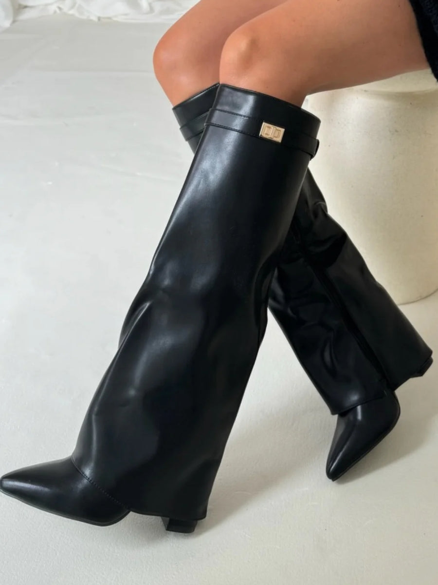 Women's Smooth Leather Knee High Boots with Wide Flare Top