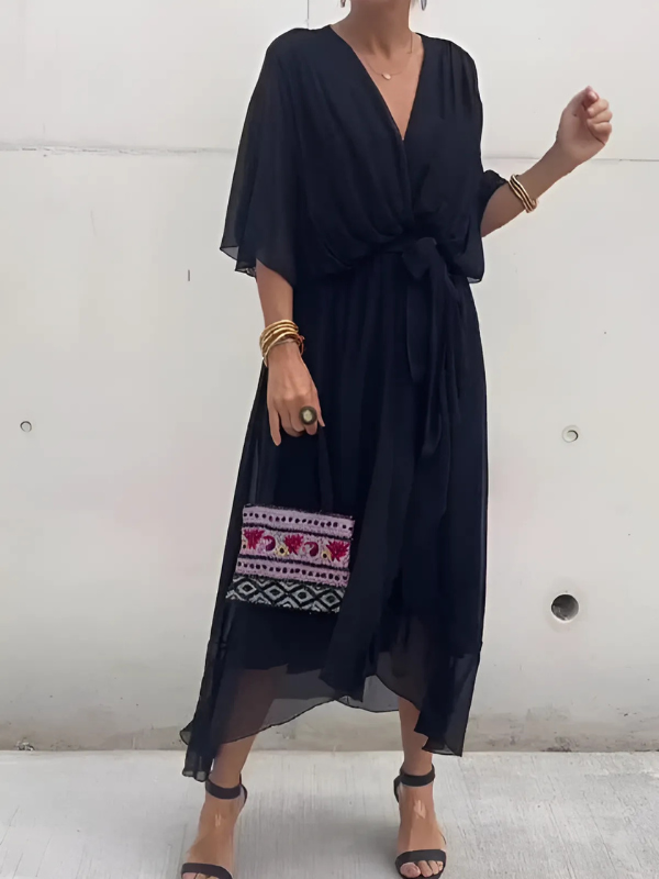 Soft Midi Dress with Flutter Sleeves | Tie Waist Summer Dress