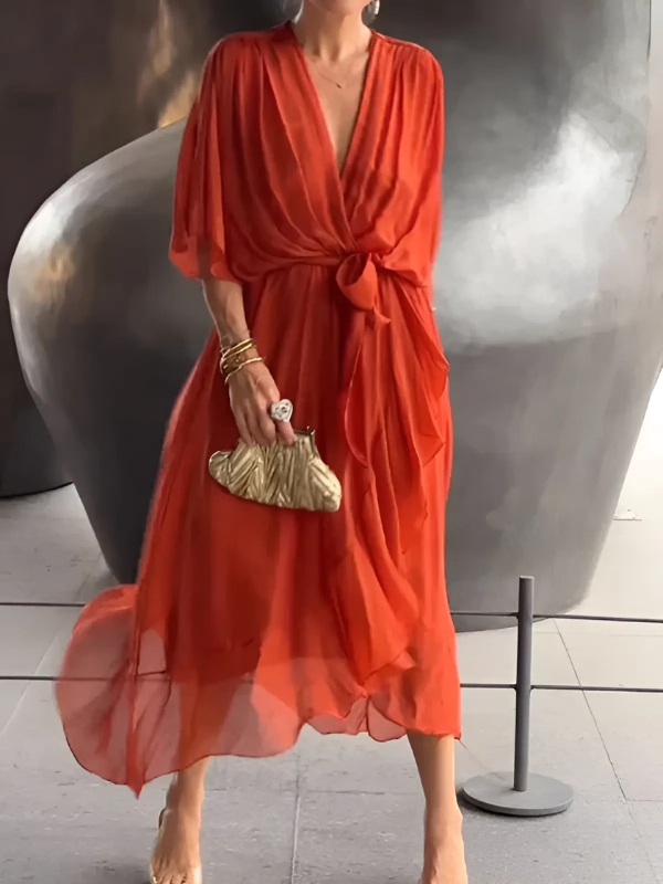 Soft Midi Dress with Flutter Sleeves | Tie Waist Summer Dress