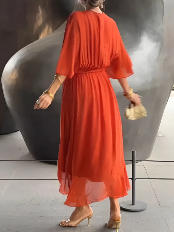 Soft Midi Dress with Flutter Sleeves | Tie Waist Summer Dress