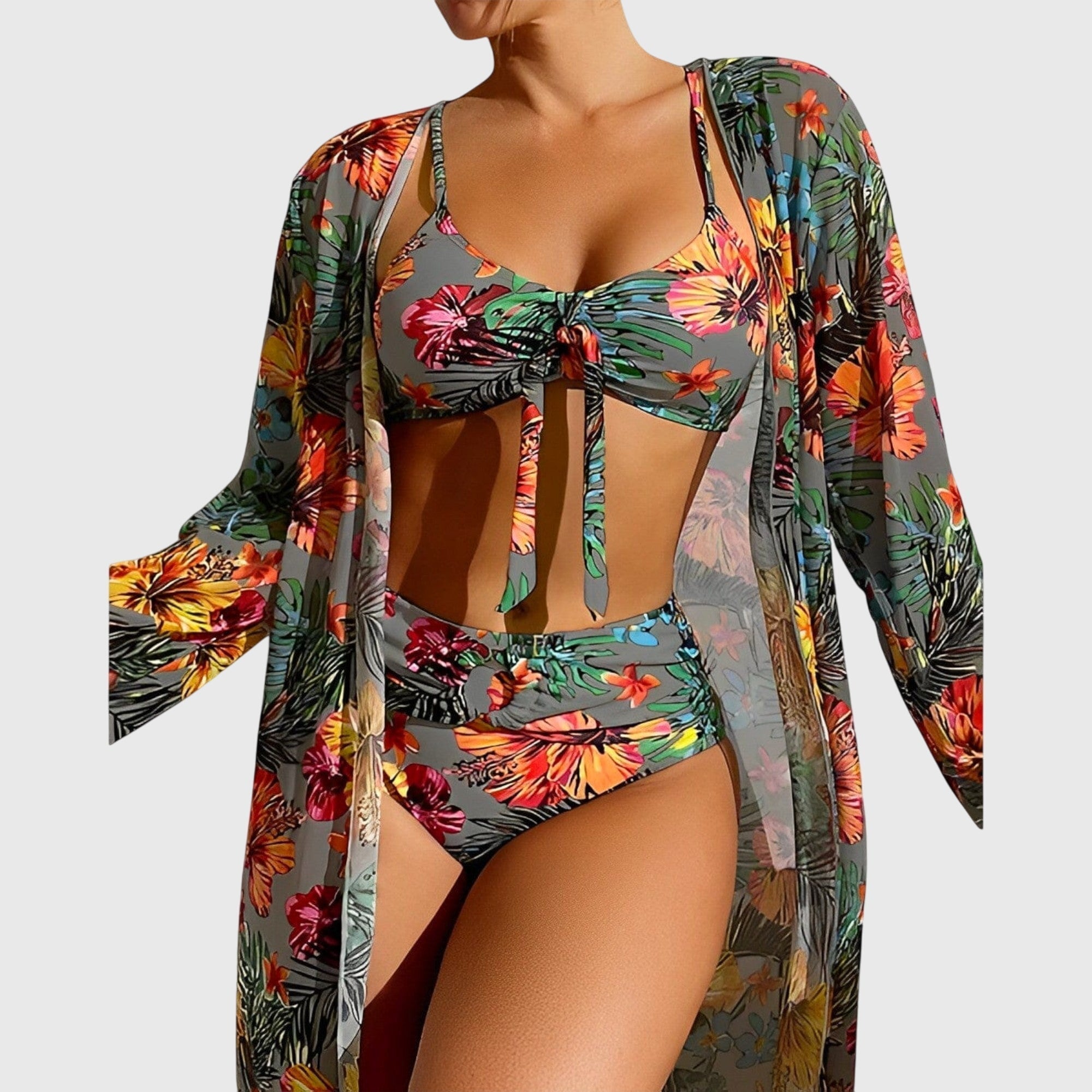 Women's Tropical Print High-Waisted Bikini Set with Cover-Up